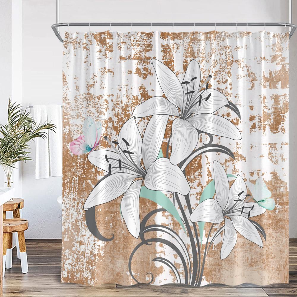 Lily Flower Vintage Shower Curtain White Lilies Floral Colorful Background Nature Plant Bath Decor Art Polyester Bathtub Curtain