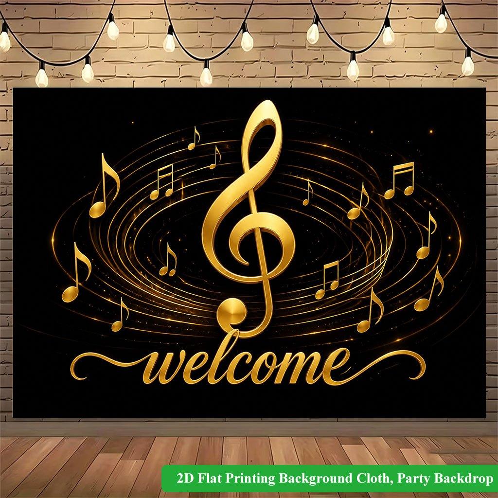 2D Flat Backdrop1pc Golden Music Notes Music Welcome Backdrop Banner Polyester Wall Decor For Living Room Bedroom Office Outdoor Decor