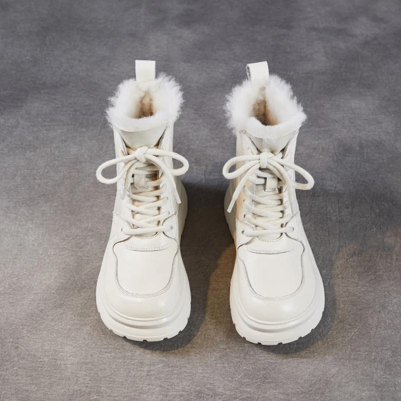 Johnature Genuine Leather Women's Shoes Leisure Thick Soled And Plush Warm Wool Lace-up Short Boots