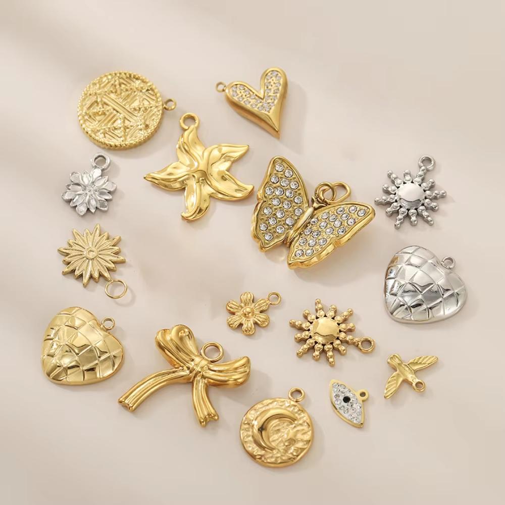 CARLIDANA New Gold Plated Charm Stainless Steel DIY Jewelry Pendant Multicolor Zircon Heart Butterfly Sun Flower Bowknot