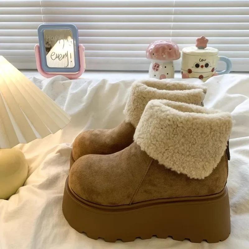Platform Women's Snow Ankle Boots Suede Mid Heel Cotton Shoes Short Plush Warm Boots Trendy Winter Casual Boots Botas De Mujer
