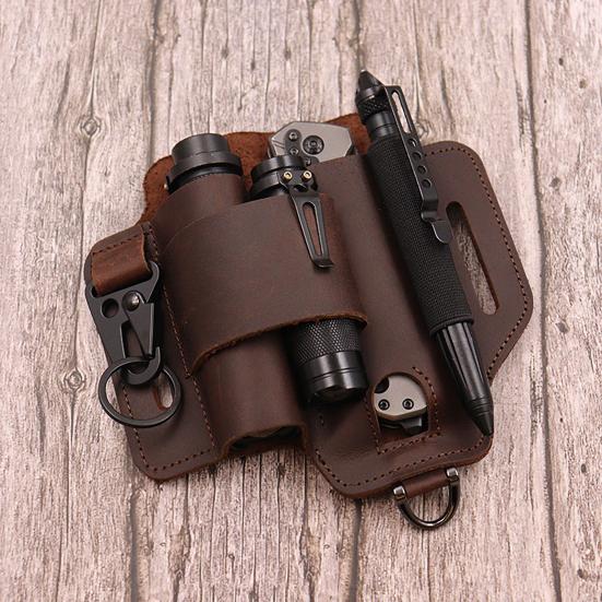 Multitool Belt Sheath Faux Leather EDC Belt Organizer 3 Pockets Belt Pouch with Flashlight Holder Pen Holder Keychain Clip for Men