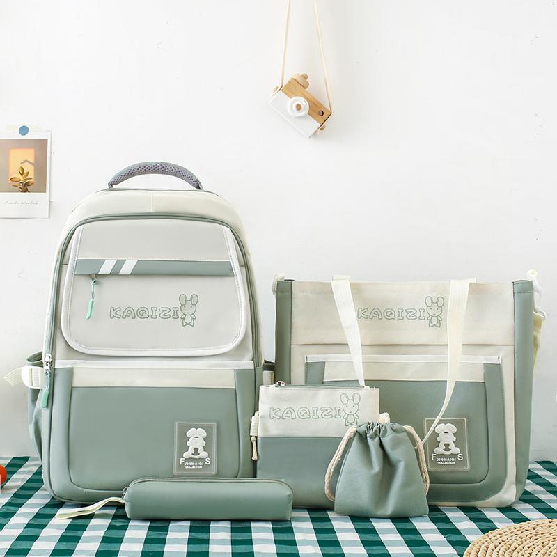 Five-Piece Backpack Set Student Schoolbag Women's Color Block Backpack Large Capacity Backpack