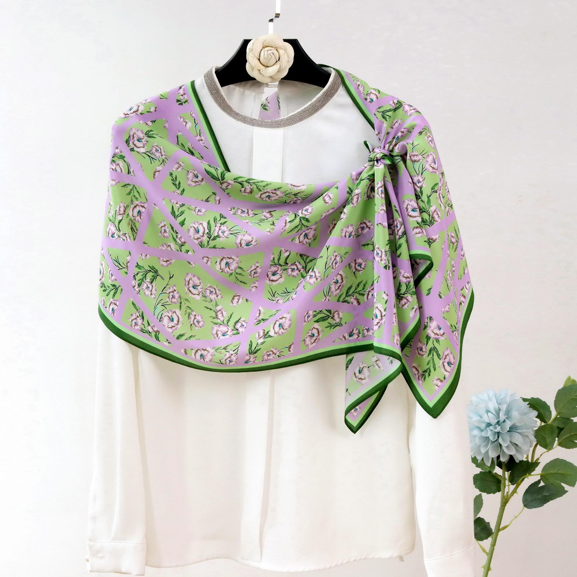New purple flower sweet temperament pure silk double crepe long scarf silk scarf female foreign mulberry silk scarf 140*35CM
