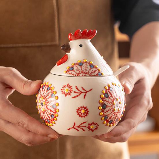 Ceramic Spice Jar 400ml Rooster Shape Cookie Jar with Lid Hand-Painted Floral Pattern Kitchen Container for Salt Sugar Pepper And Snacks Storage