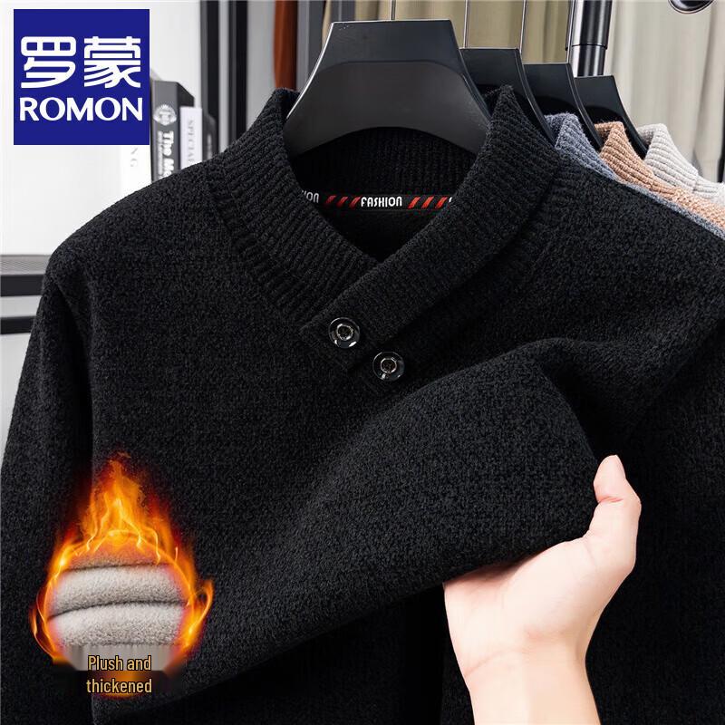 ROMON Men's Fleece-Lined V-Neck Snow Mink Velvet Sweater
