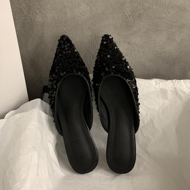 

Модные SUOJIALUN 2024 Весенние Новые Женские Тапочки Модные Блестящие Мелкие Слипоны Мюли Обувь Острый Носок Плоский Каблук Уличные Нарядные Сандалии Шо 35 чёрный