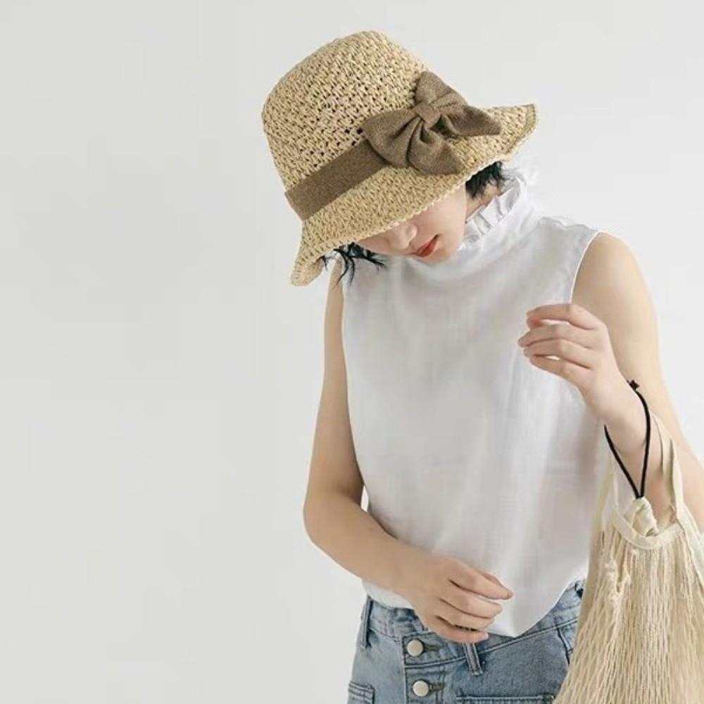 Wide Brim Sunshade Bucket Hat Bowknot Panama Hat Vintage Beach Straw Hat Lady