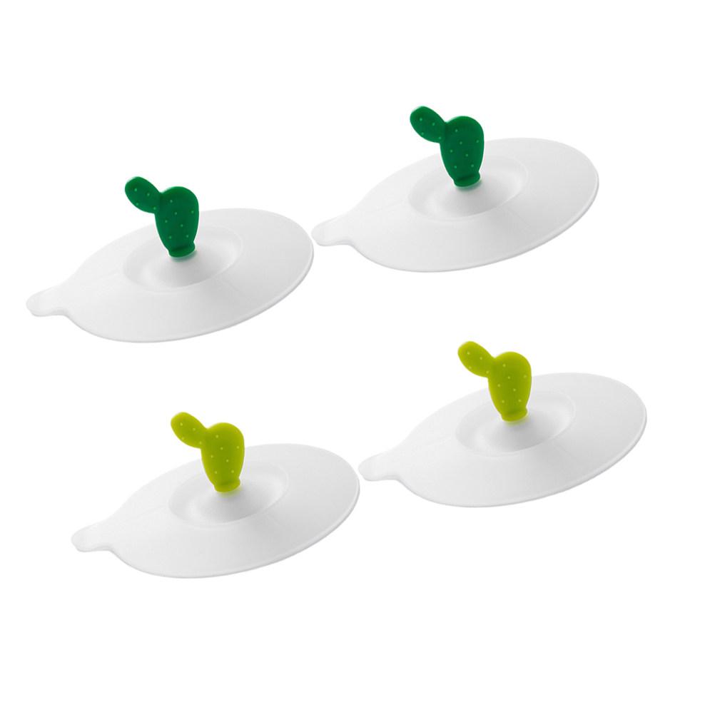 4Pcs Cartoon Cactus Silicone Cup Lids Leak-Proof Dustproof Round Airtight Suction Sealed Covers Grass Green Fluorescent Green