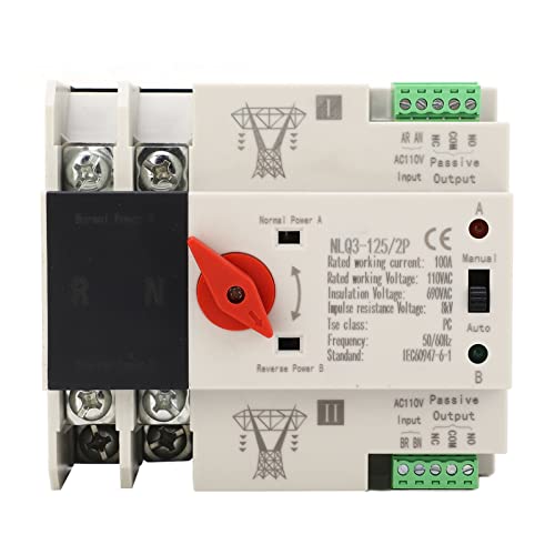 AC110V 100A Dual Power Automatic Transfer Switch, 35mm Rail Mount, 2P ATS Generator Transfer Switch