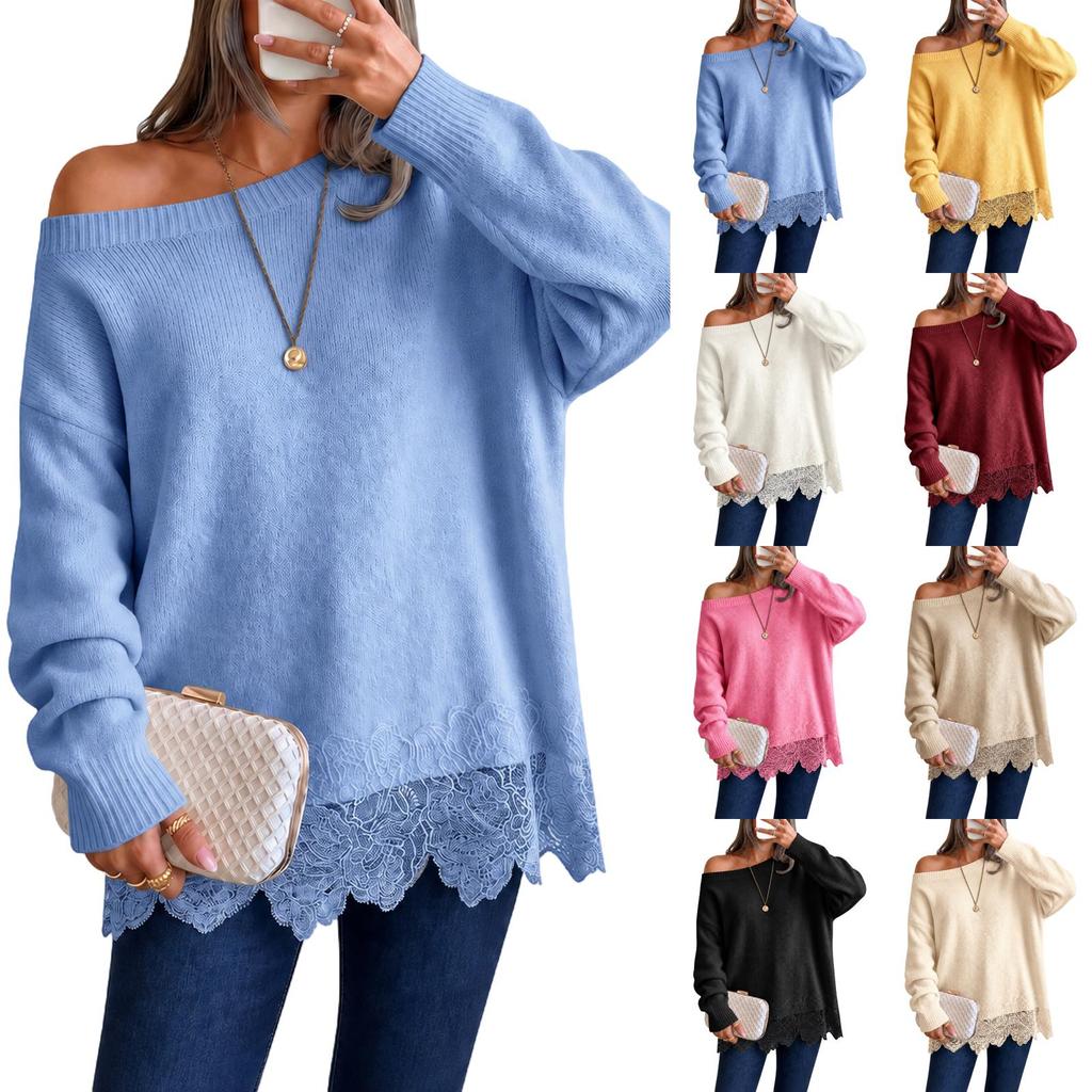 Women's Off Shoulder Loose Fit Knit Sweater Lace Trim Long Sleeve Round Neck Pullover Top for Fall Winter