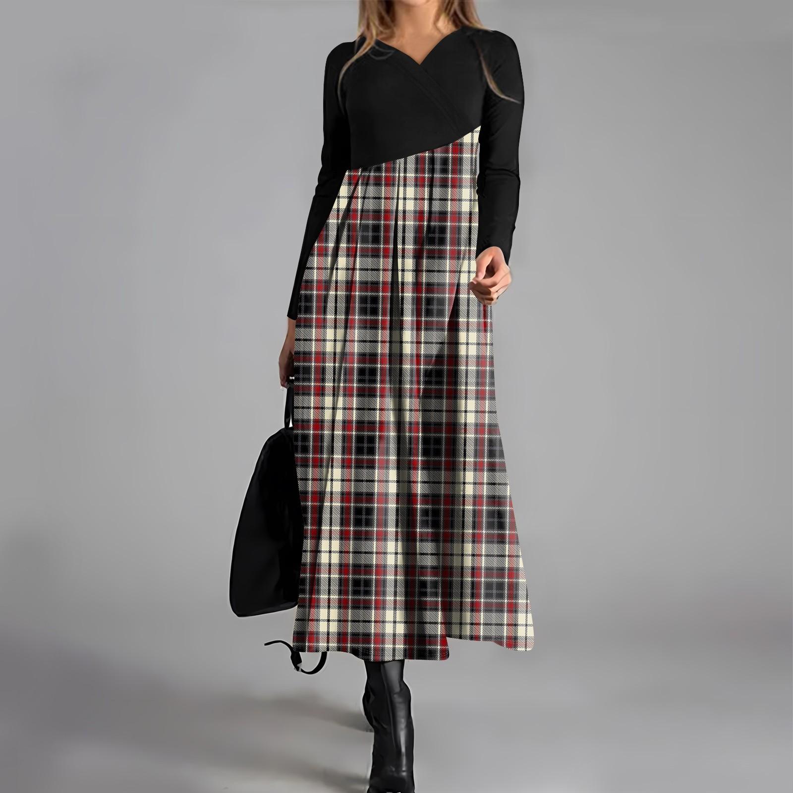 

Женское повседневное платье с V-образным вырезом, длинными рукавами, клетчатым принтом, карманом на талии и свободным кроем M