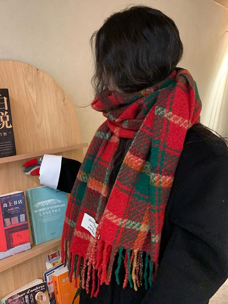 New Year's Red Fringed Plaid Scarf, Winter Women's Christmas Lengthened and Thickened Warm Shawl, Student Scarf Tide