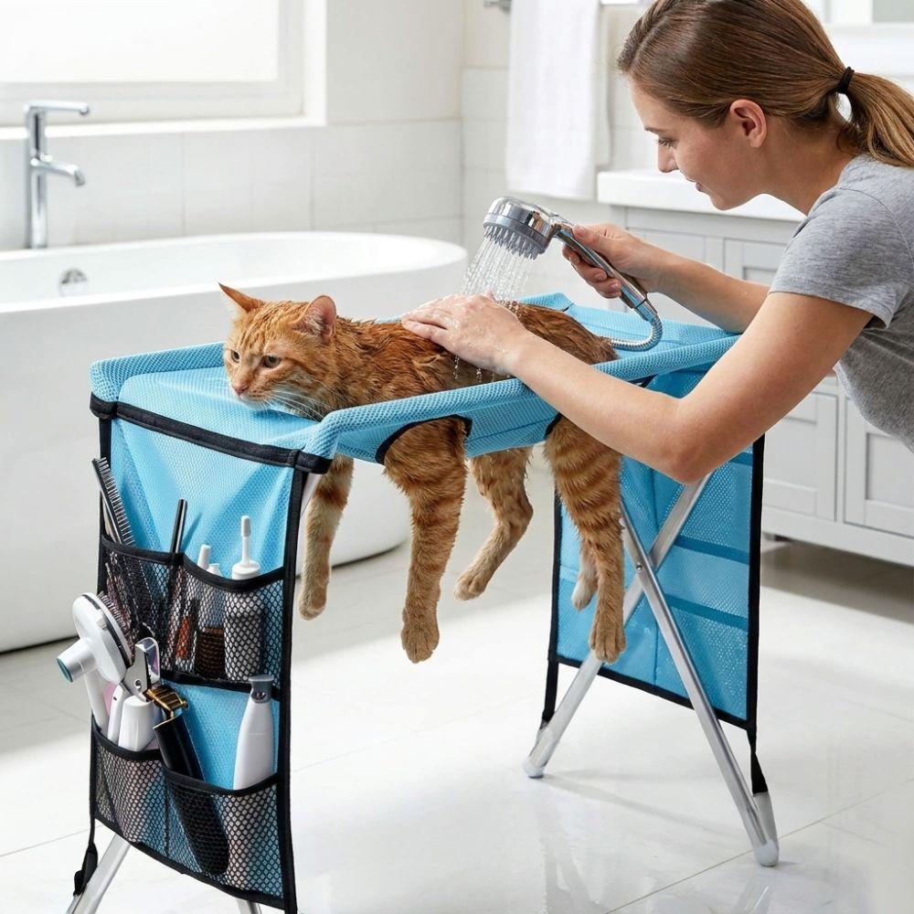 Folding Pet Grooming Hammock Anti-Scratch with Support Frame Pet Washing Station Sturdy Detachable Dog Grooming Table