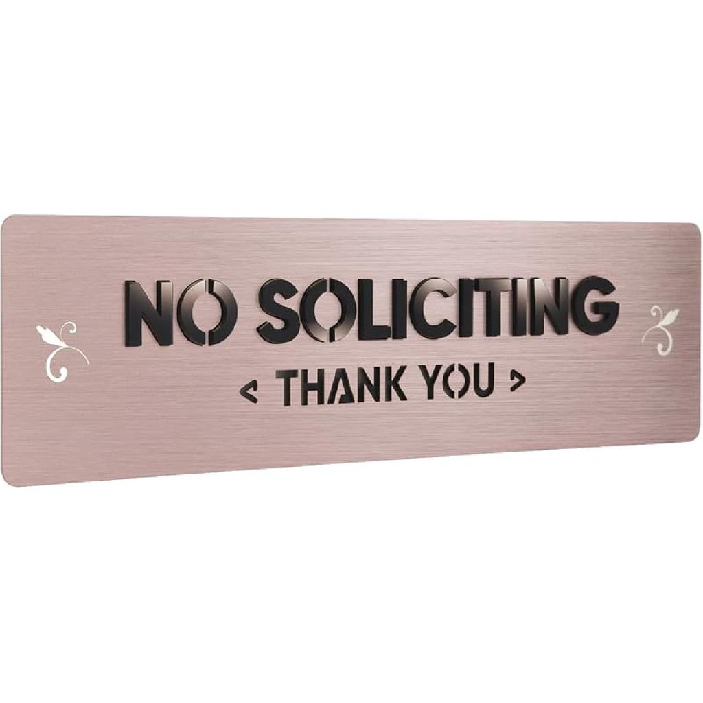 No Soliciting Sign, 304 Stainless Steel, Raised Letters, No-Drill Mounting with Strong Adhesive, Metallic Gold Finish, for House and Business (S203)
