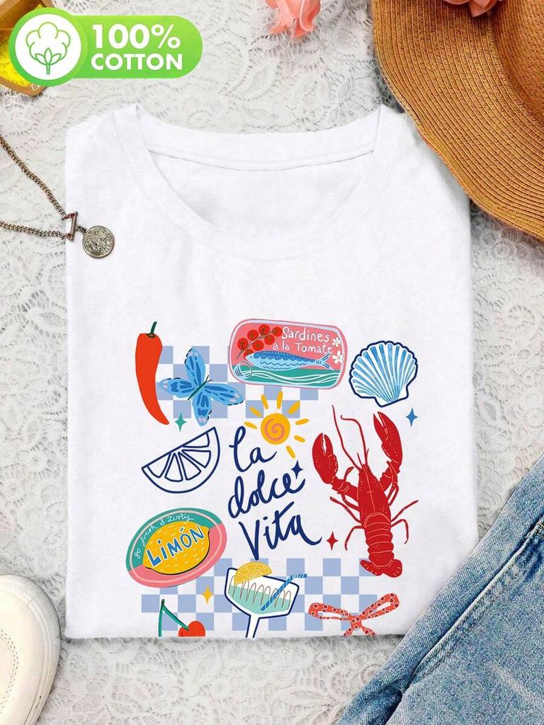 Women Clothing Summer New Style Simple Cute Tropical Style Printed T Shirt Fashion Ins Casual Loose Round Neck Short Sleeves