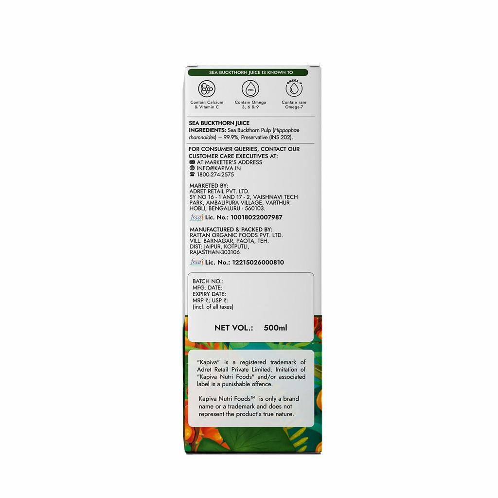 Kapiva Sok z Rokitnika 500ml - Czysty Napój Superowocowy Bogaty w Składniki Odżywcze Dla Codziennego Dobrego Samopoczucia i Wsparcia Promiennej Skóry