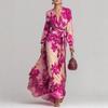 Robe Longue Maxi à Manches Longues et Décolleté en V pour Femme, Imprimé Floral, Coupe Ajustée, Taille Haute, Élégante Robe Cache-cœur en Mousseline