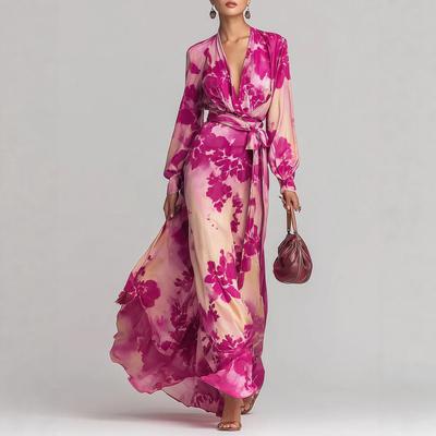 Robe Longue Maxi à Manches Longues et Décolleté en V pour Femme, Imprimé Floral, Coupe Ajustée, Taille Haute, Élégante Robe Cache-cœur en Mousseline