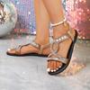 Fashion Roman Sandals Summer New Round Toe Open Toe Rhinestone with Cutout Breathable Non-slip Wear-resistant Flat Plus Size Shoes