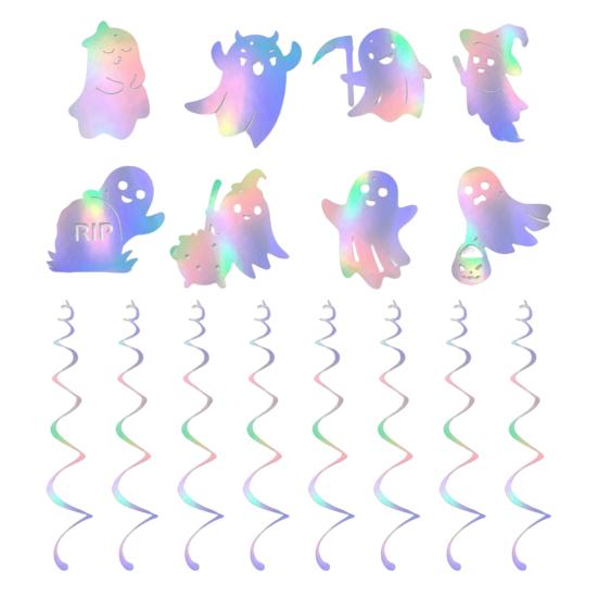 8 Pcs Iridescent Ghost Hanging Swirls Cute Shinny Foil Ghost Swirls Halloween Ceiling Streamer for Halloween Party Decoration
