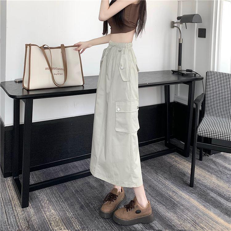 Women's Summer American Vintage Drawstring Utility Midi Skirt - High-Waist Split Loose A-Line Elegant Skirt