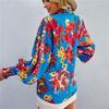 Spring Autumn Women's Polo Collar Blouse Shirt Contrast Color Print Long Sleeve Casual Loose Tops