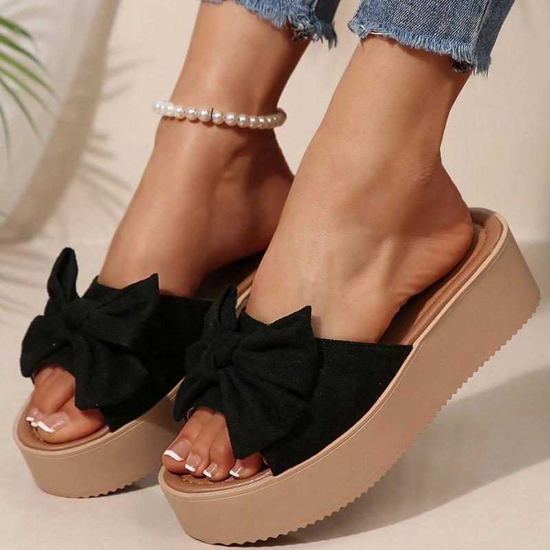 Módní Elegantní Mašle Dámské Robustní Platformové Pantofle Léto Protiskluzové Sandály s Otevřenou Špičkou Žena Plus Size Semiš Tlustá Podrážka Nazouváky Dáma