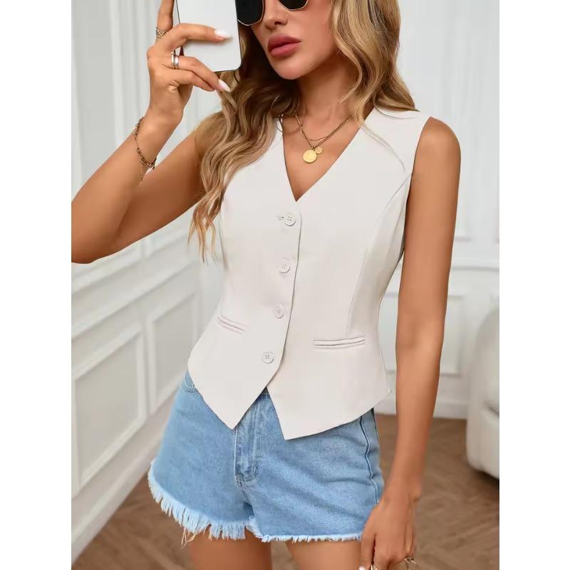 Women's Sleeveless Vest V-neck Button Front Cut Casual Elegant Spring Summer Tops Routine Suitable Office Vests & Waistcoats