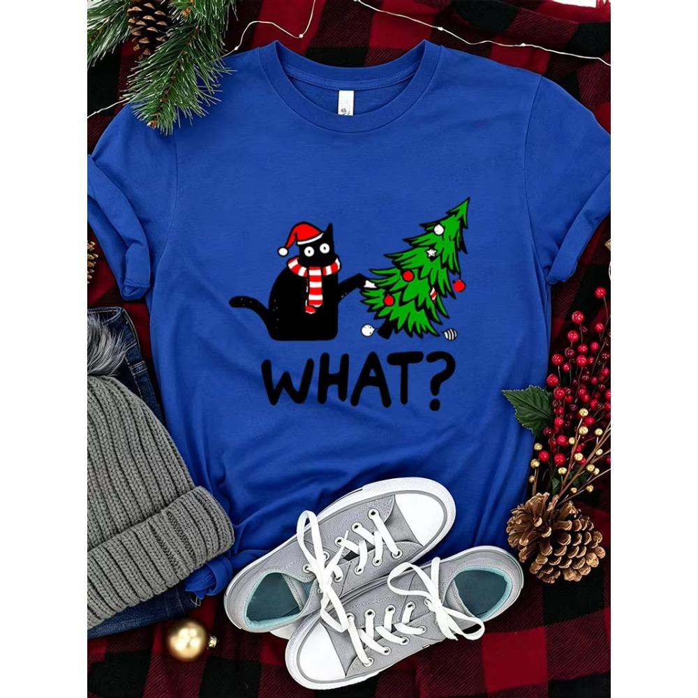 Christmas Cartoon Cat Xmas Tree Print Graphic Print T-shirt Women Fashionable Comfortable Breathable Soft Casual Sports Short Sleeve Cotton T-shirt