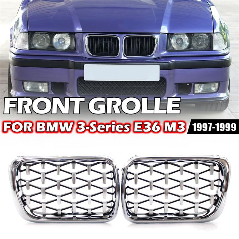 Do BMW E36 Seria 3 1997-1999 Grill Samochodowy Styl Diamentowy Przednia Nerka ABS Przednia Pokrywa Grill Srebrny 51138195152 51138195151 Części