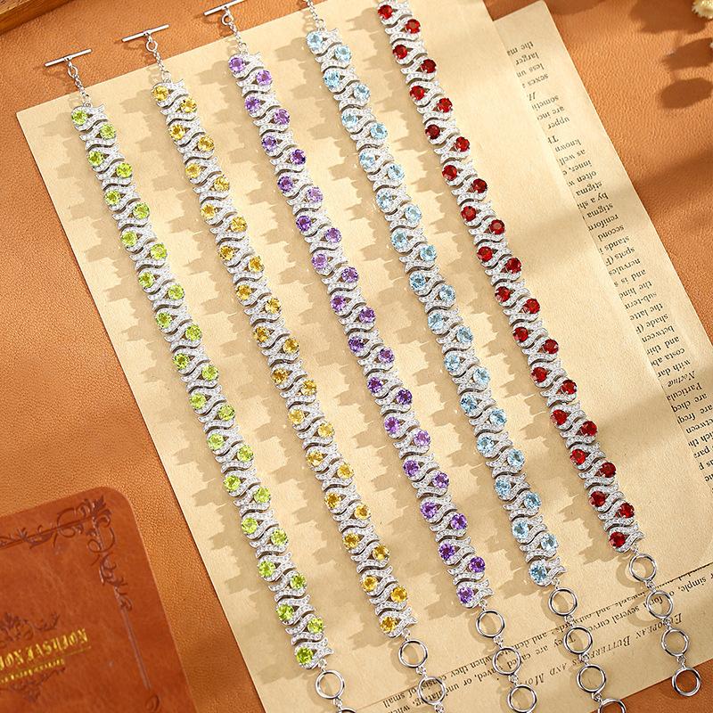 Natural Crystal Stone Jewelry S925 Sterling Silver Bracelet Women's European and American Style Luxury Inlaid with Natural Crystal High-end Design