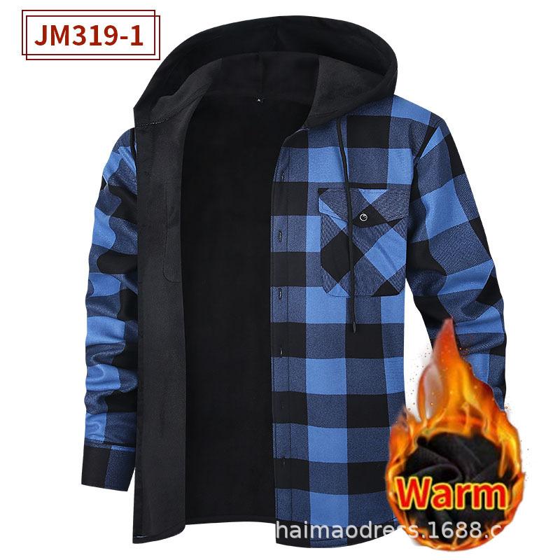 

Fleece-lined hooded checked shirt for men; long-sleeved, warm men s checked shirt; plus-size men s clothing S
