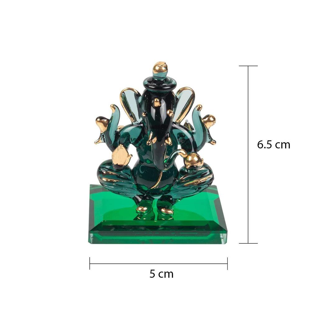 God Ganesh Sitting with Base Statue (Murti) Idol Showpiece Handmade of Crystal Glass by for Worship, Decoration, Car Dashboard, Gift (Dark Green),
