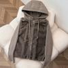 Feeling fake two pieces knitted splicing sleeves fluffy hooded short jacket women's small warm cotton clothes trendy