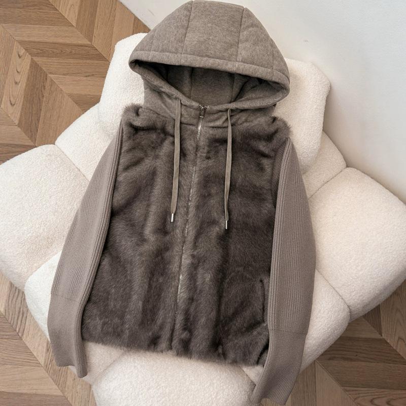 Feeling fake two pieces knitted splicing sleeves fluffy hooded short jacket women's small warm cotton clothes trendy