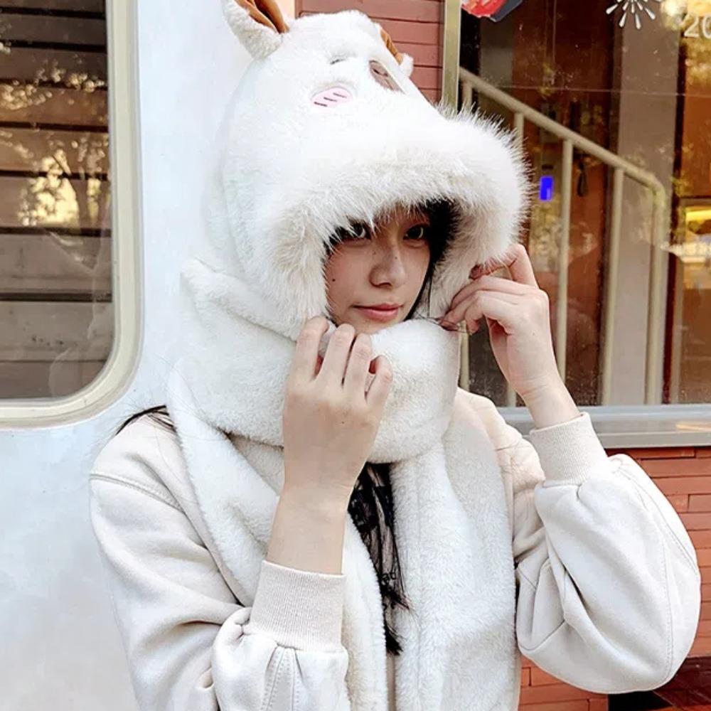Cartoon Plush Hooded Scarf Faux Rabbit Hair Big Pullover Hat  Keep Warm