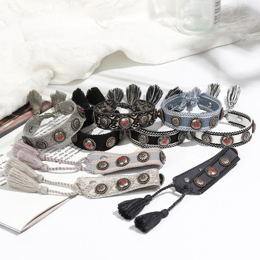 European Woven Bracelet with Metal Nail Buckle and Tassel for Women