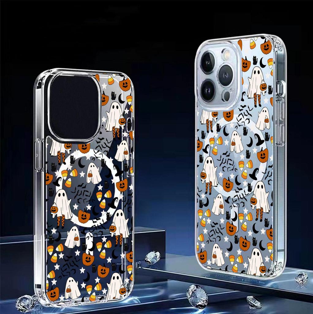 Orange Pumpkin Skull Magnetic Case for iPhone 15/16/17 Pro Max - Transparent Full Coverage