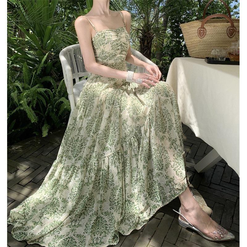 Coffee Break French Floral Suspender Dress Women's Waist and Thin Temperament Advanced Sense Spice Girl Vacation Long Skirt