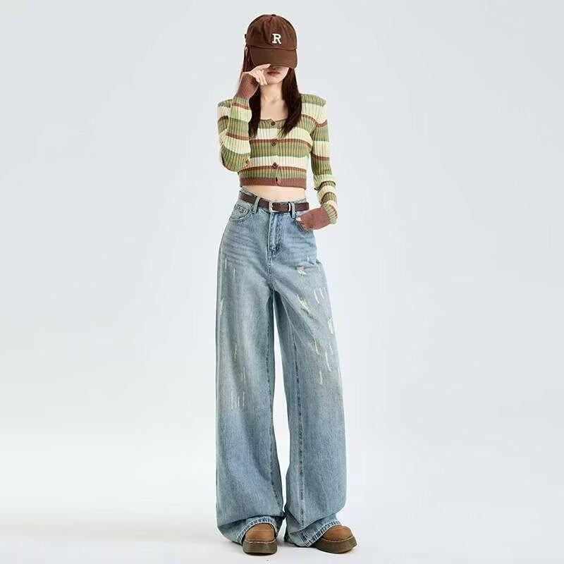 Women's High-Waisted Wide-Leg Jeans: Washed, Distressed, Slim-Fit, Hip-Covering, Floor-Length for Spring/Autumn