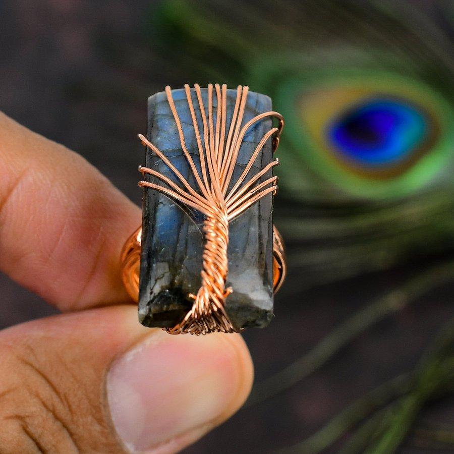 Natural Labradorite Gemstone Handmade Copper Wire Wrap Gift Ring Size 6 O8v21