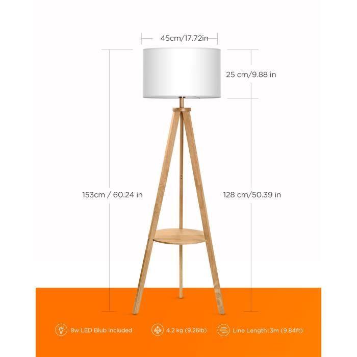 Lampadaire Trépied en Bois TOMONS avec Tablette et Ampoule E27 8W - Style Scandinave