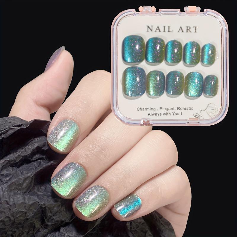 Green Cat Eye Fake Nails, Reflective Glitter Nail Design, Gloss Glue Nails, Fully Covered Short Square Fake Nails, Suitable for Women and Girls
