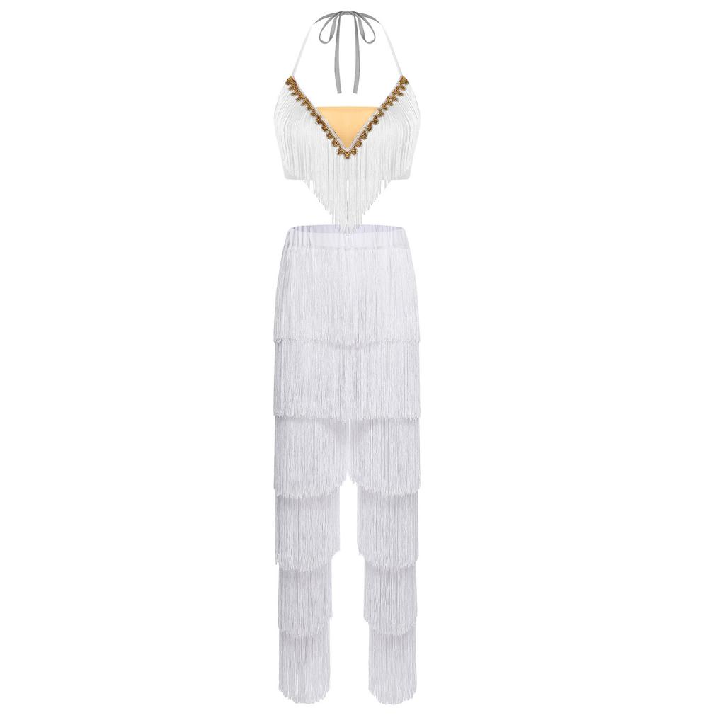 S-3XL Women Latin Dance Tassel Set Lace Up Halter Gold Trim Crop Top with Elastic Waist Contrast Color Pants for Performance