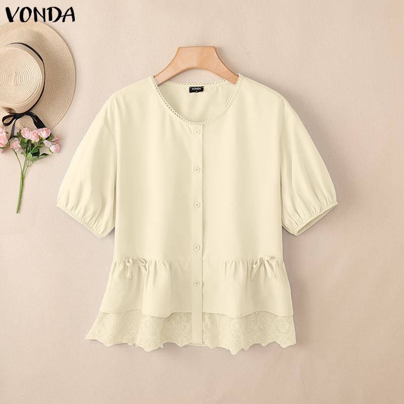 VONDA Summer Women Short Sleeve Lace Hem Casual Ruffled T-shirts Tops Blouse