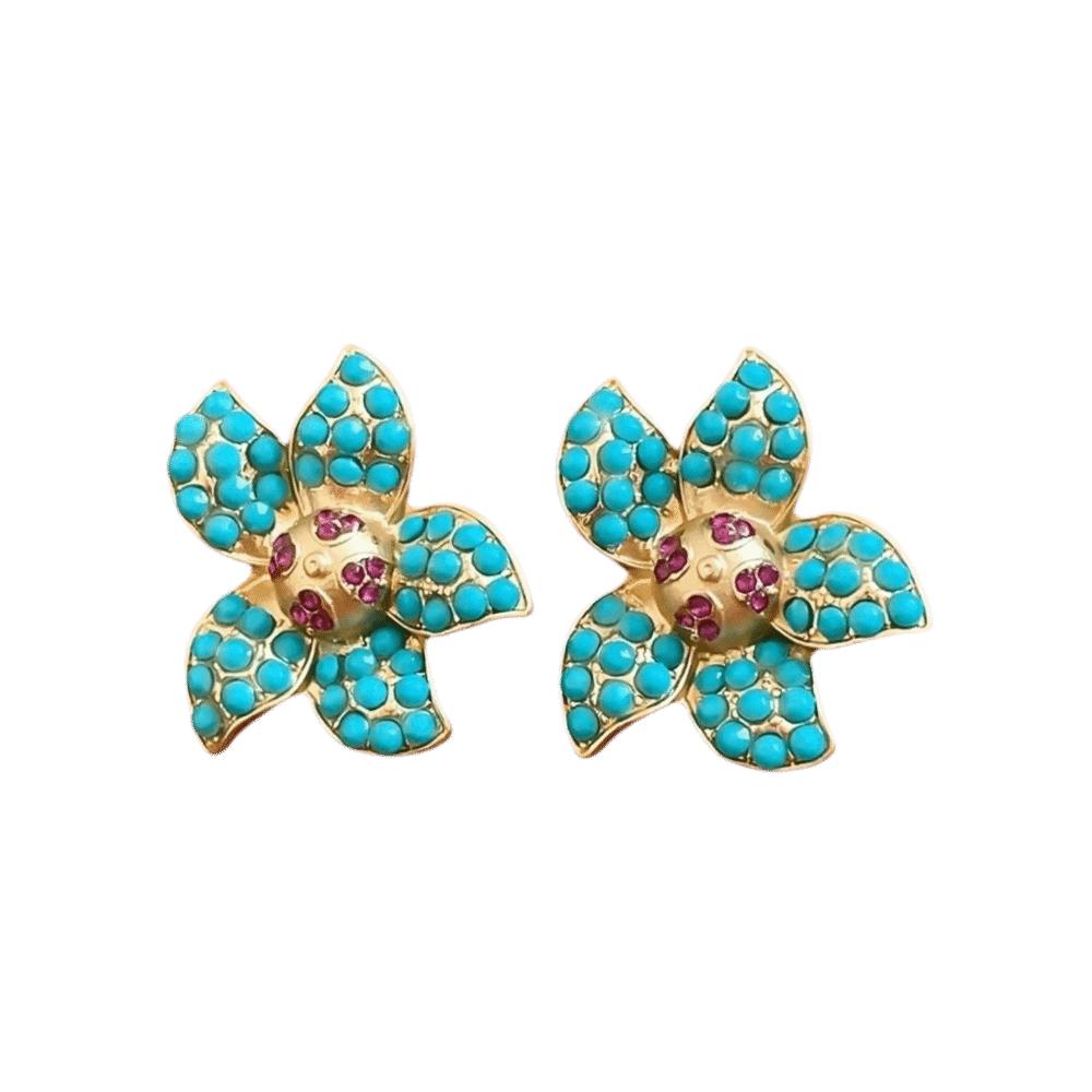 Peacock Blue Flower Earrings Crystal Medieval Resin Earrings  Party Jewelry Flower