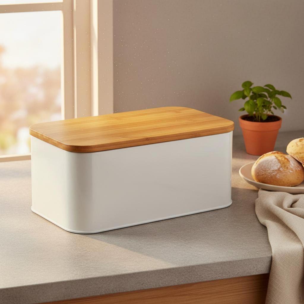 Wood Lid Bread Box Rounded Corners Storage Galvanized Iron 305x185x125cm White