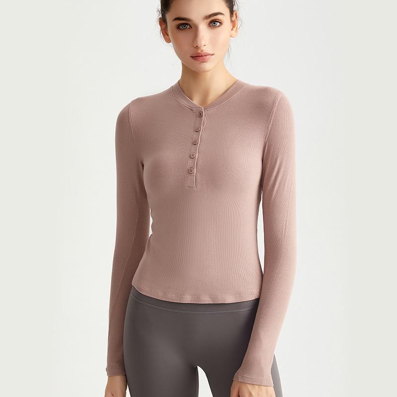 LAHN Damen Langarm Rundhals Knopfleiste Sportoberteil, Enganliegend, Hohe Elastizität, Antibakterielle Yoga & Fitnessbekleidung für den Winter