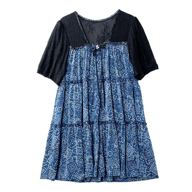 Women's Summer Design Loose Short Sleeve Chiffon Shirt Lace Splicing Slim Top